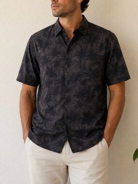 Nat Nast Black Gray Palm-Print Short-Sleeve Button Down Shirt Size M Silk/Cotton